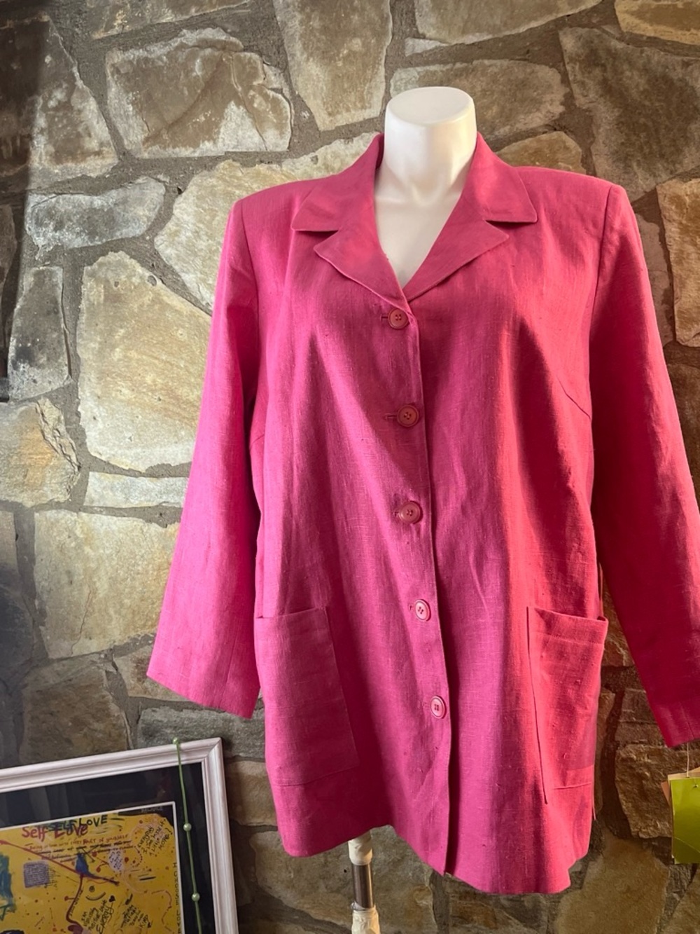 Women's Hot Pink Button-Front Linen Blend Jacket